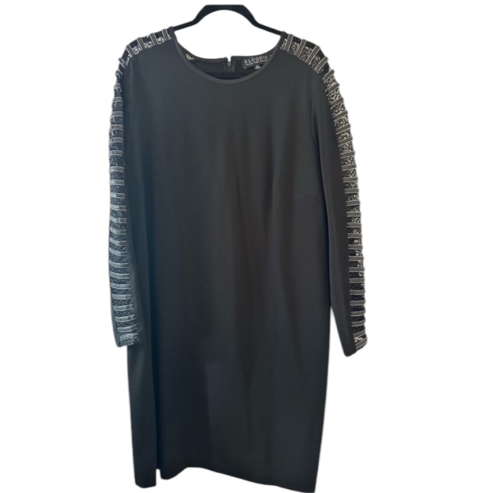 Eloquii Plus Size Black Dress With Lace and Faux Leather Sleeve Embellishment - Picture 2 of 4